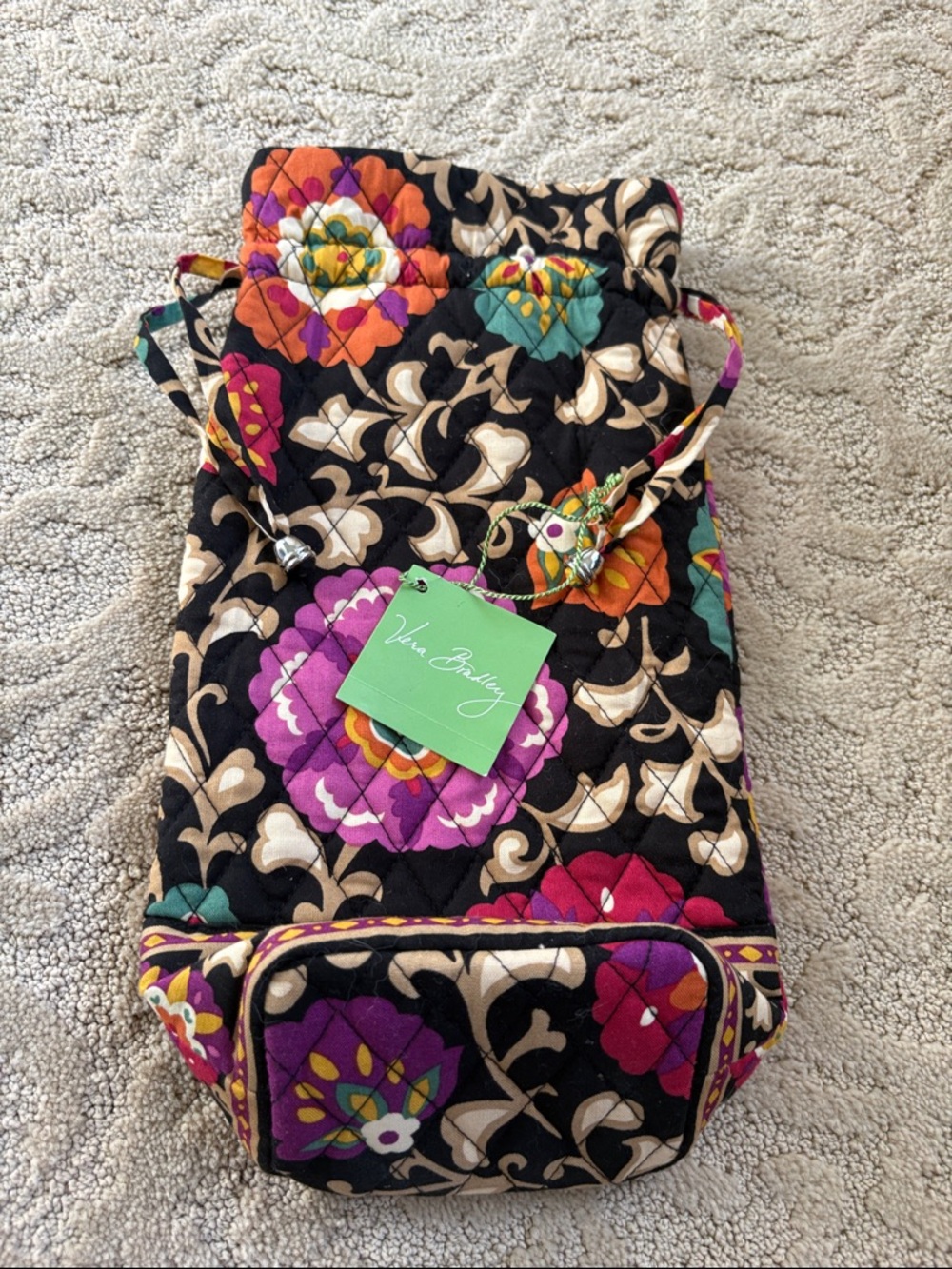 Vera Bradley Black Quilted Drawstring Bag with Multicolor Floral Pattern